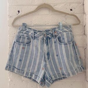 PacSun Blue and White Striped Cotton Denim Shorts w/ Embroidered Flowers